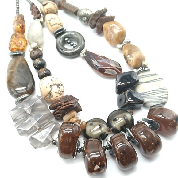 Treska Tribal Double Strand Beaded Necklace Earth Tones Signed - Picture 2 of 16